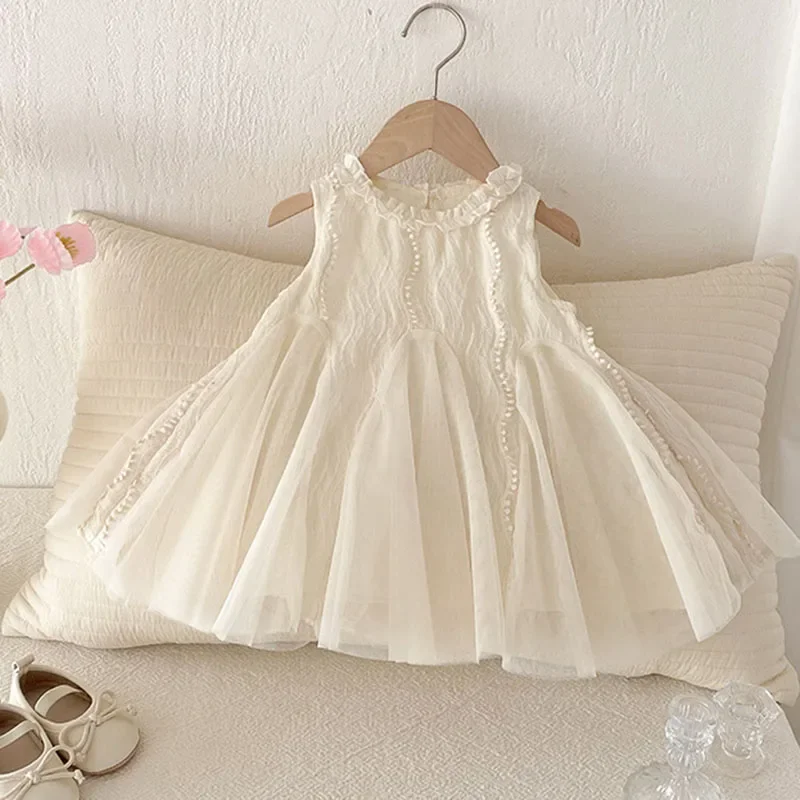 2025 New Summer Newborn Baby Girl Baptism Dress Sleeveless Cotton Mesh Splicing Toddler Baby Girls Birthday Party Wedding Dress