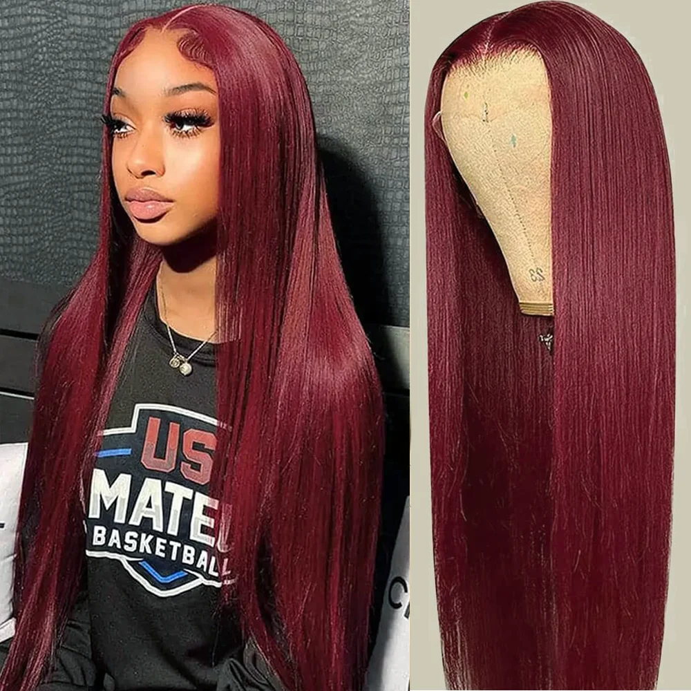 99j Burgundy 36 Inch Straight HD HD Lace Front Human Hair Wig 200 Density 13x6 Glueless Lace Front Human Hair Wig for Women