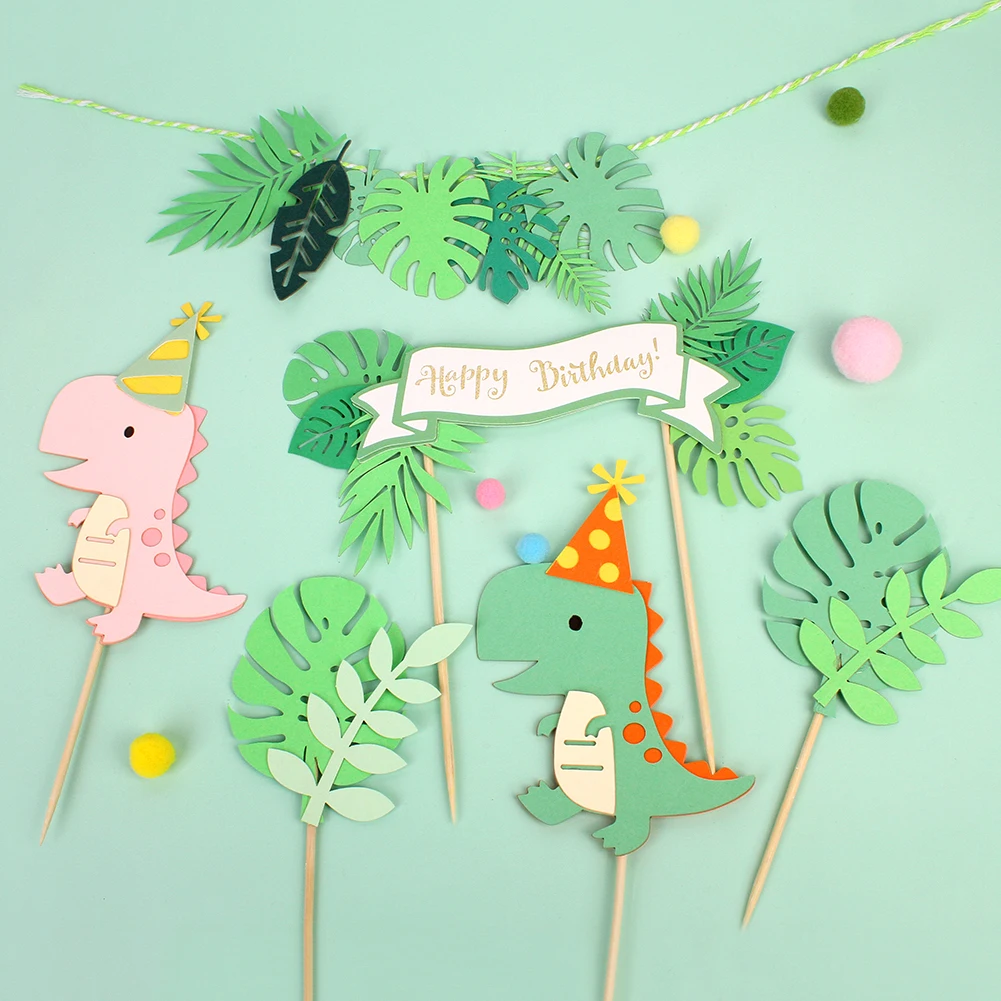 Cute Dinosaur Green Leaf Cake Topper Card Insertion Children's Day Happy Birthday Green Leaf Flag Birthday Party Decorations