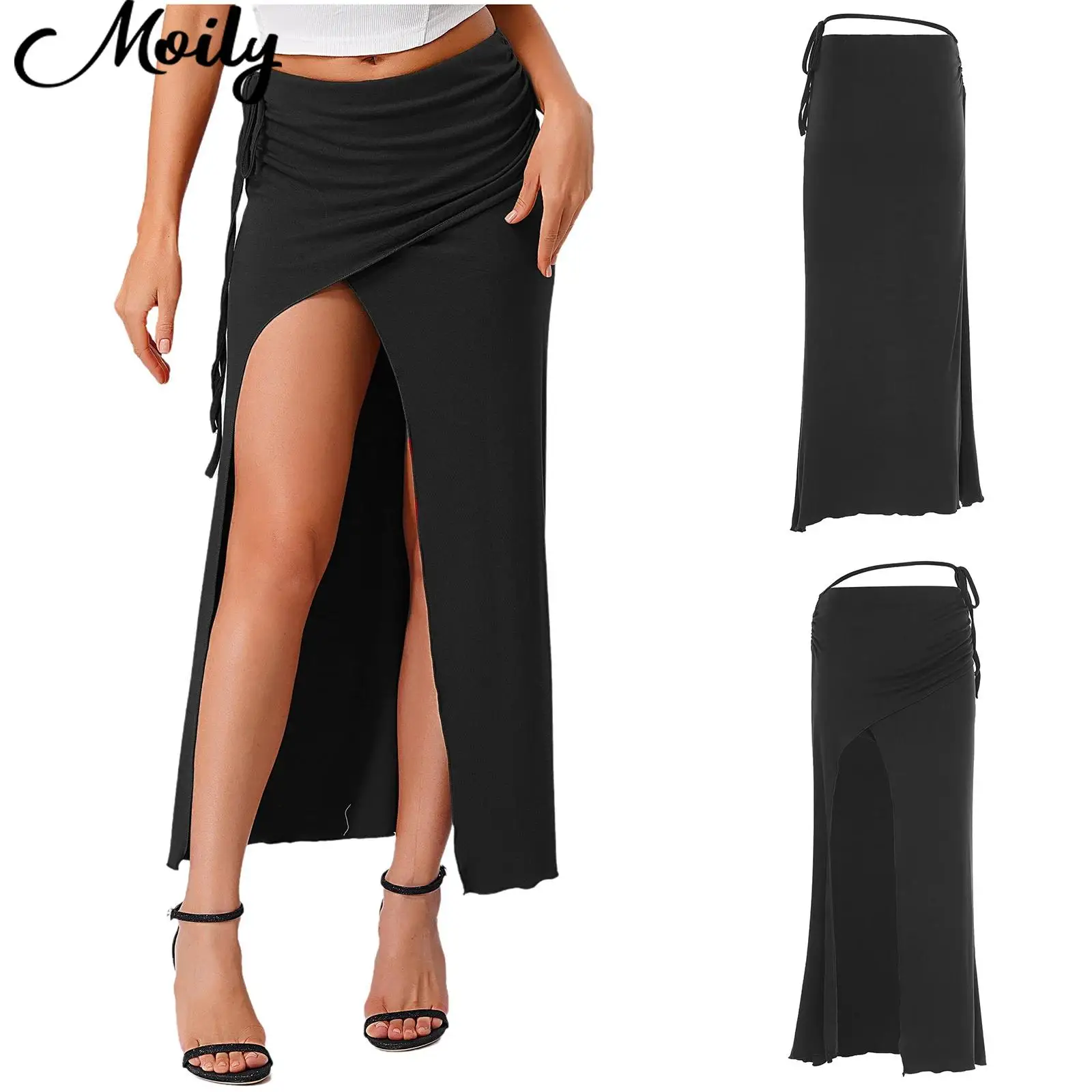 

Belly Dance Maxi Skirt Stage Performance Costume Stretchy Side Drawstring And Slit Safety Shorts Ruched Bodycon Skirt for Womens