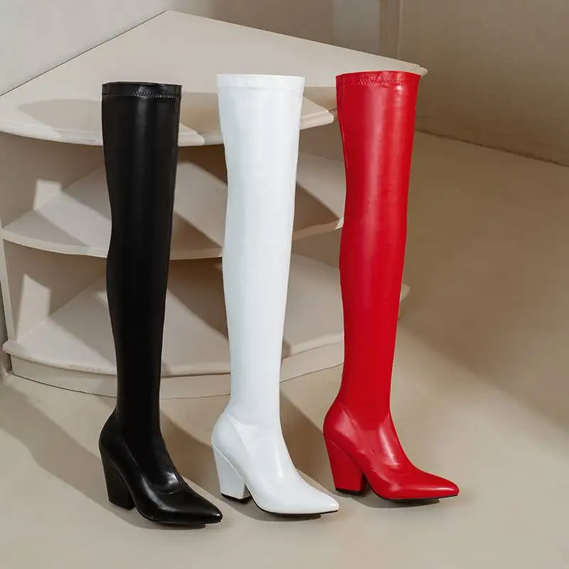 REAVE CAT Thigh Boots 60cm Shaft Pointed Toe Block Heel 9.5cm Stretchy Booties Sexy Party Big Size 47 48