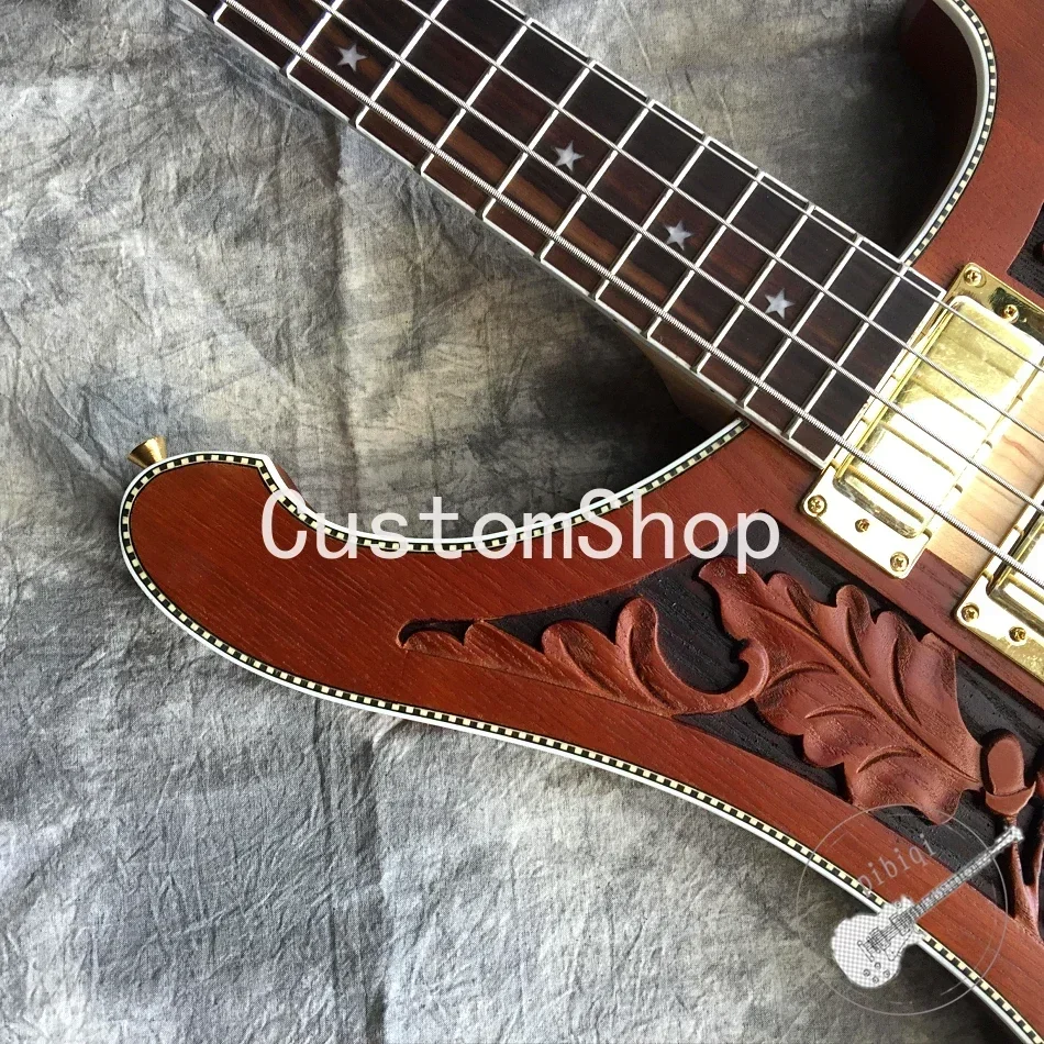 4001 4003 4004 Lemmy Brown Hand Carved Electric Bass Guitar Neck Through Body, Star Inlay, Checkerboard Binding,