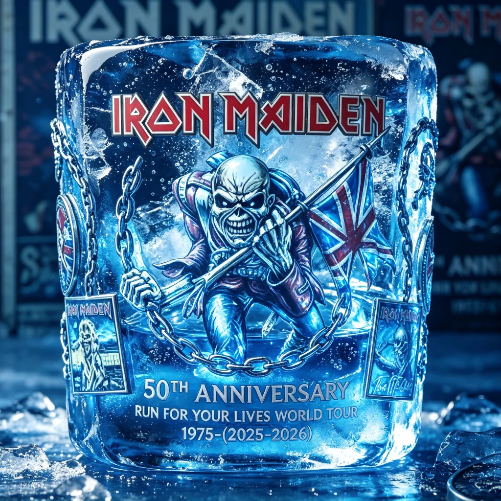 Коллекционный стакан Crystal Rocks Glass с гравировкой фигуры Эдди, посвященный 50-летию Iron Maiden и мировому турне 'Run for Your Lives'.