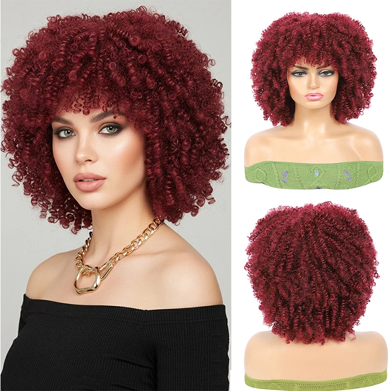 

Synthetic Short Curly Wine Red Wigs for Black Women Afro Wig With Bangs Short Afro Kinky Curly Wig for Daily Party Wear