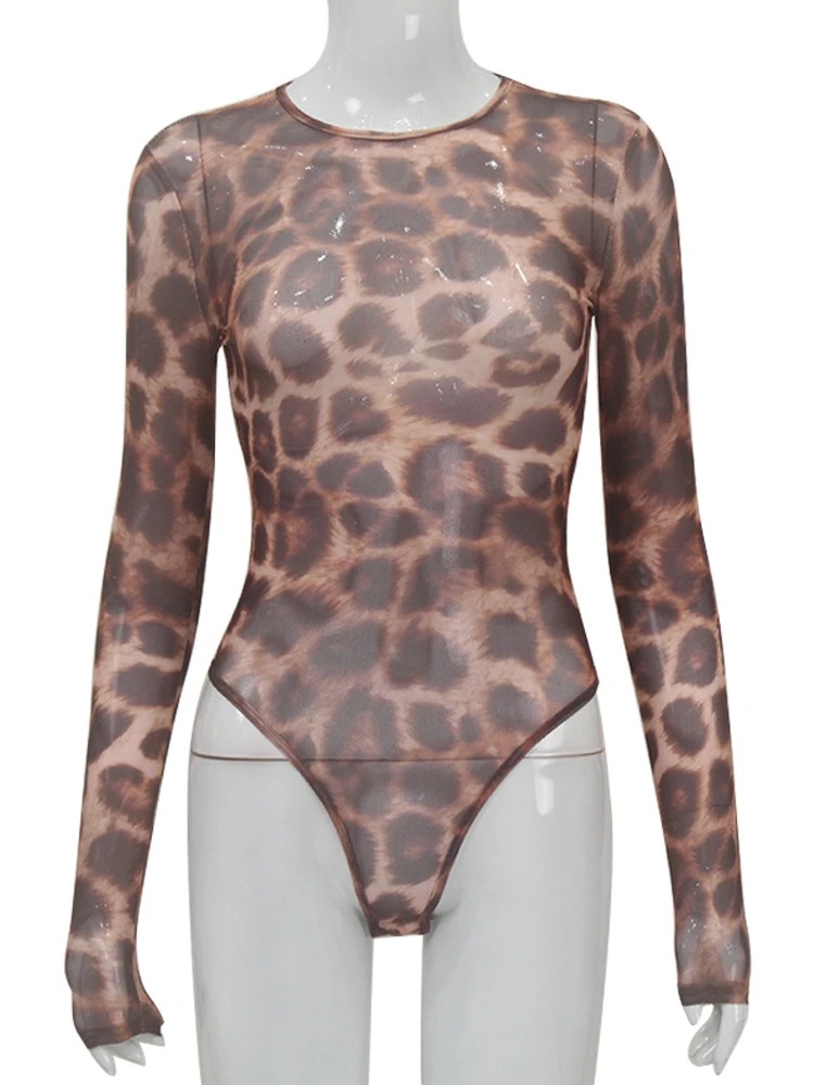 Ahagaga Fashion Club Leopard Printed Sexy Women Bodysuits Casual O-neck Slim Sheath Rompers T Shirts Streetwear Full Sleeve Tops