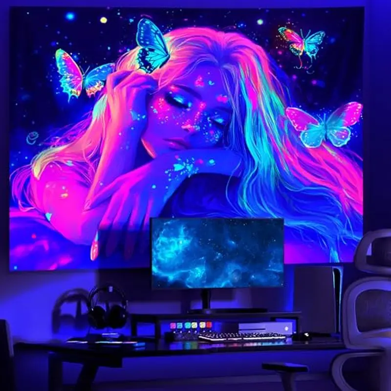 VIKAMA Neon Butterfly Girl Starry Sky Wall Tapestry Purple Blue Fluorescent Closed Eyes Woman Cosmic Glow Fantasy Bedroom Living