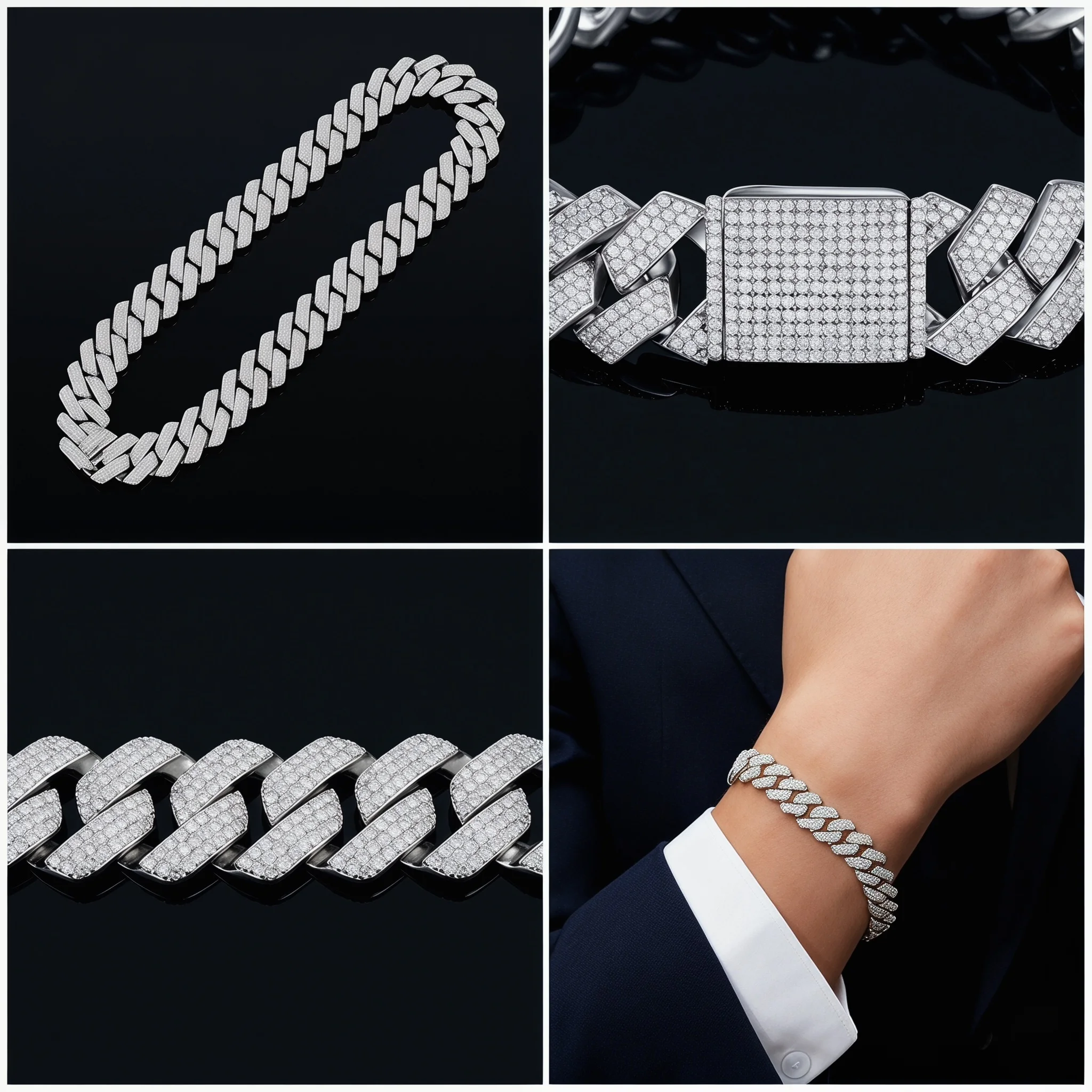 Hot Sale: S925 Silver Micro-set Moissanite Cuban Chain Hip Hop Men's Bracelet, Fashionable Chain and Bracelet，