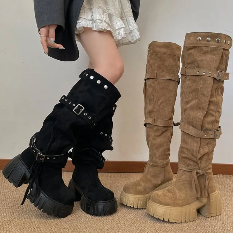 2026 Neue koreanische Western-Cowboystiefel für Damen, hohe Absätze, kniehohe Stiefel mit Schnallenverschluss, modische wasserdichte Plattform. – Detail 8