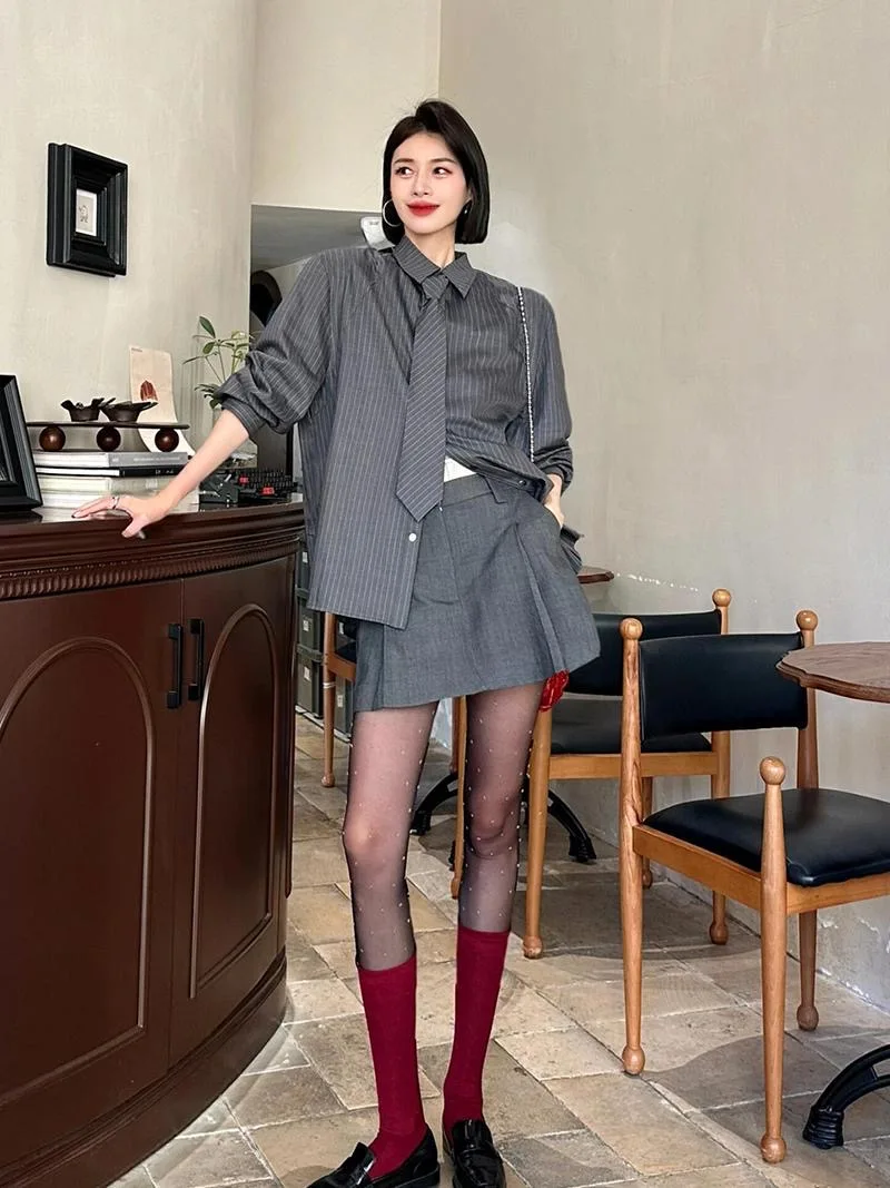 

Ранняя осень, уникальный шикарный женский комплект с полосатой и юбкой в Корейском стиле, модный костюм из двух предметов, повседневная одежда