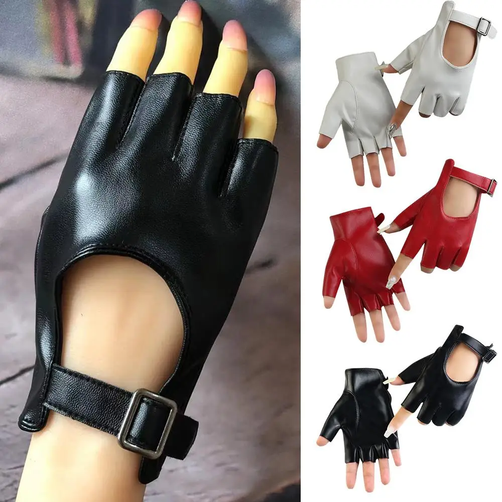 

Women PU Leather Half Finger Gloves Square Buckle Half Finger Punk Belt Glove Pole Street Dance Leather Glove Performance Gloves