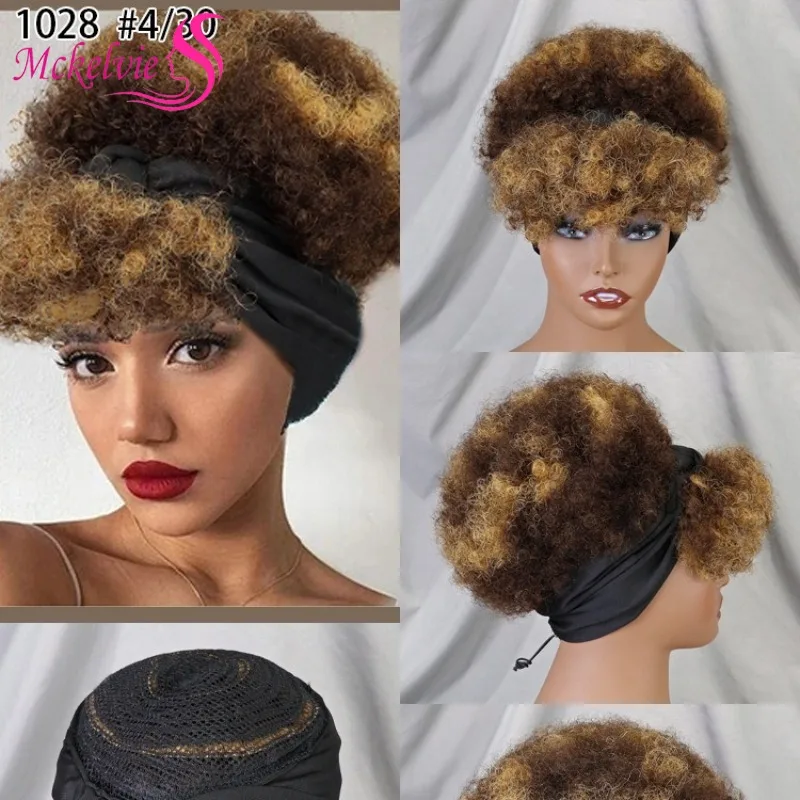 

100% Human Hair Scarf Stage Short Afro Curly Headband Wig Full Machine Brazilian Virgin Hair For Black Women Remy Hair Soft