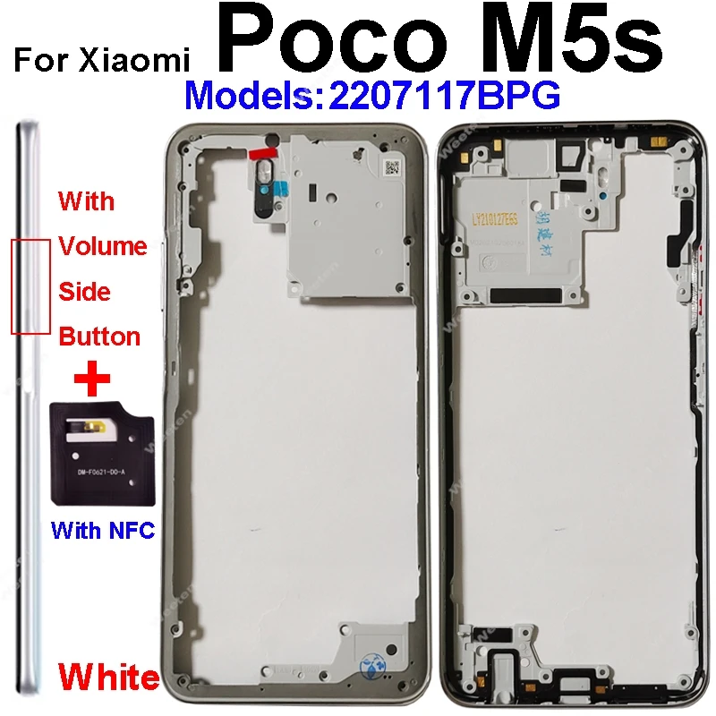 Middle Housing For Xiaomi Poco M5s With NFC Back Cover Housing Front Frame Chassis with Volume Buttons Replacement Repair Parts