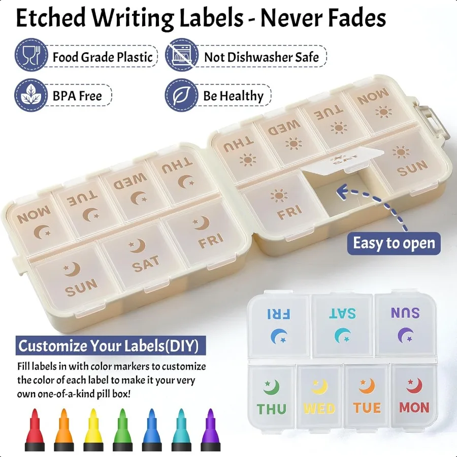 منظم حبوب أسبوعي جديد قابل للطي وحماية مزدوجة لمدة يومين مع ملصقات محفورة AM PM 7 أيام الأسبوع Medicine Bo #2