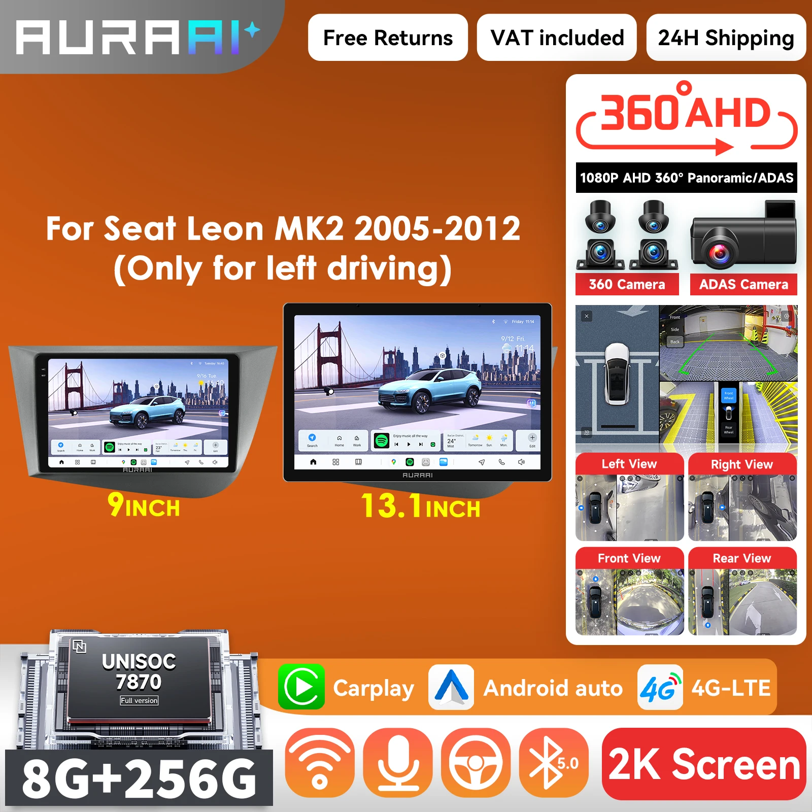 8 + 256G Carplay Android Auto radio Autoradio Für Seat Leon 2 MK2 2005 - 2012 multimedia-player 2K Intelligente Bildschirm ADAS 360 Cam