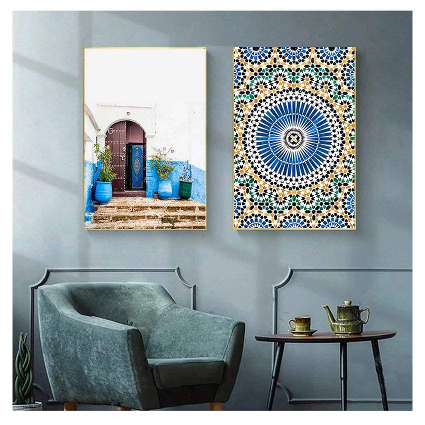 Morocco Building Wall Art Canvas Painting Religion School Wall Picture For Living Room Home Decor Mosque Blue Door Nordic Poster