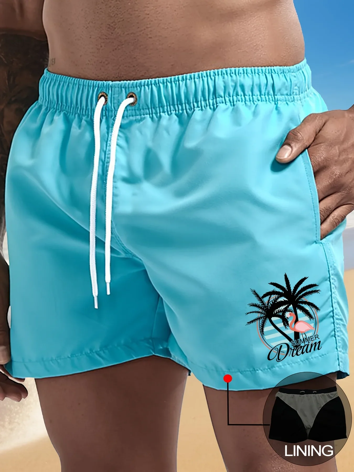 Shorts de Baño para Hombre con Forro, Estampado de Flamencos y Palmeras, Cordón Elástico, Secado Rápido, Bolsillos Laterales, Traje de Baño para Vacaciones en la Playa