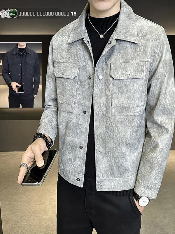 

Men's Biker Sle PU Leather Jaet Autumn Spring Flip Collar Diamond Pattern Worn out Faion Brand Regular Sve Long