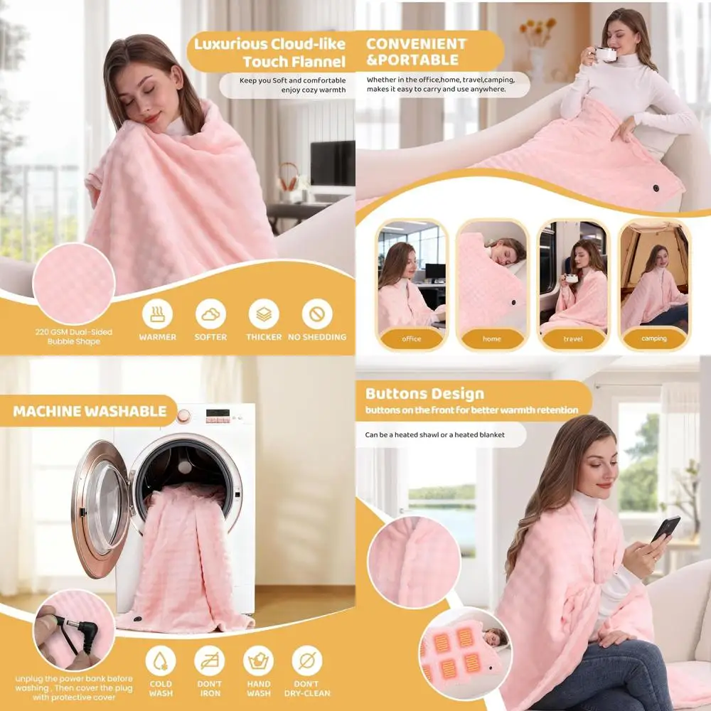 

Portable Electric Heated Blanket with 20000mAh Battery, 59x35.5, 3 Heat Levels, Pink