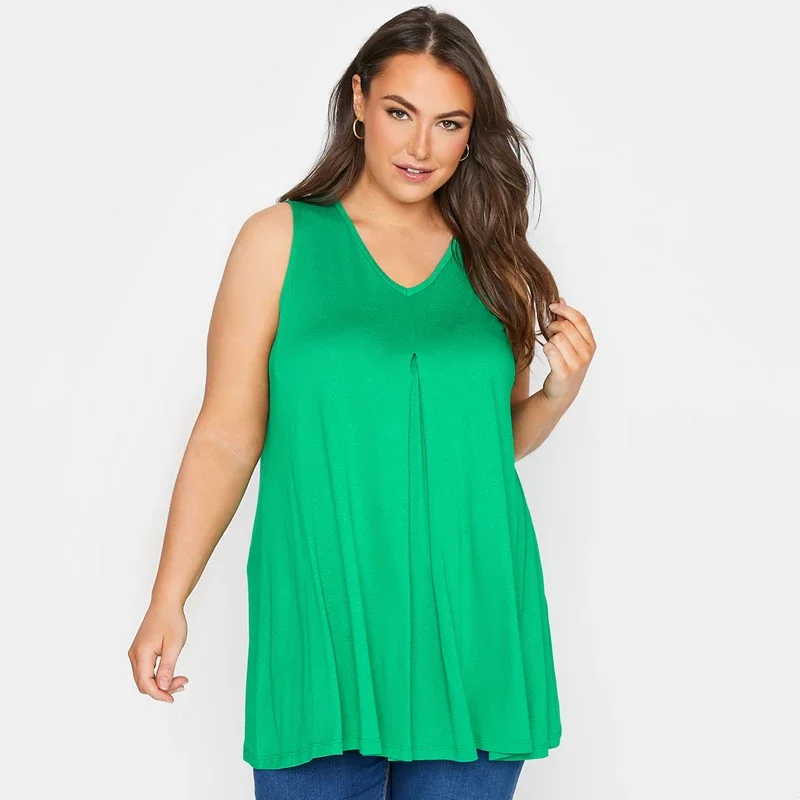 Plus Size V-Ausschnitt Sommer elegante Longline Weste Top Frauen lässig ärmellose Swing Tunika Tank Plissee Detail Flare Top Bluse 6xl