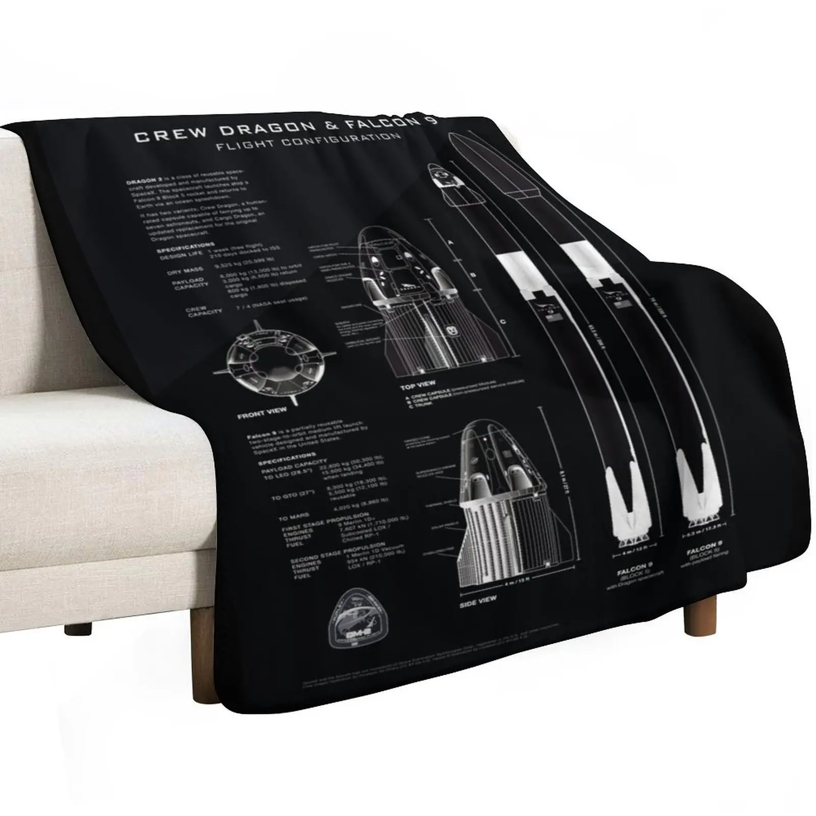SpaceX Crew Dragon Spacecraft & Falcon 9 Rocket Blueprint in High Resolution (all black) Throw Blanket funny gift Blankets