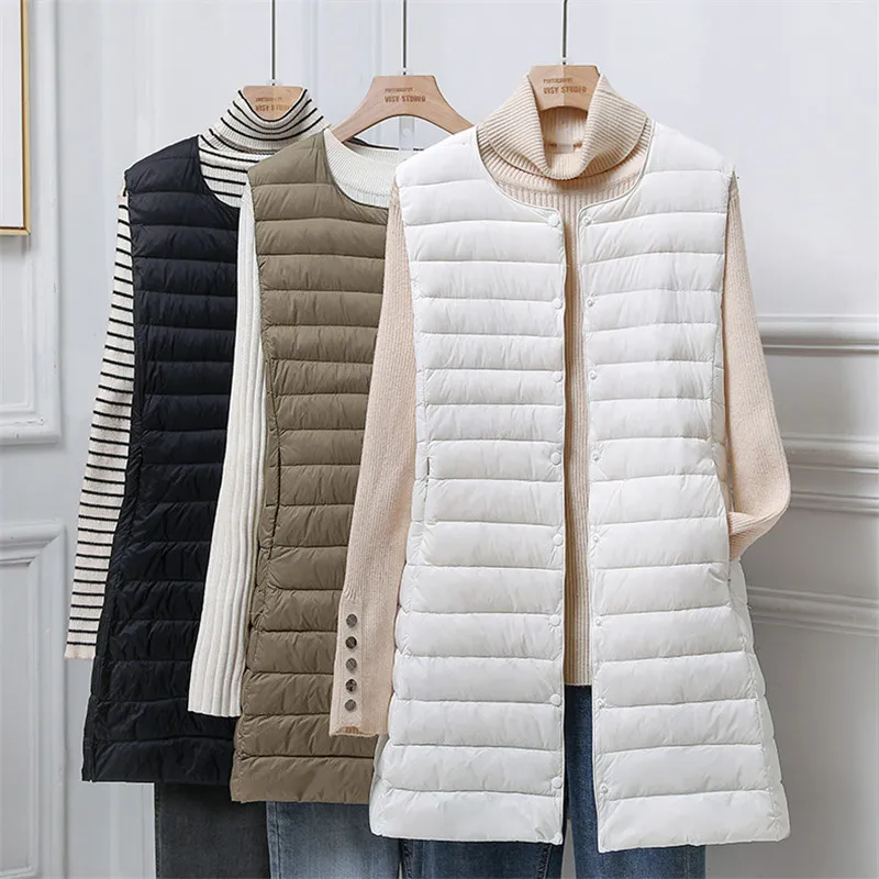 

Winter Ultra Light White Duck Down Vest Jacket Parkas Women Long Down Waistcoat Coat Ladies Single-breasted Sleeveless Outwears