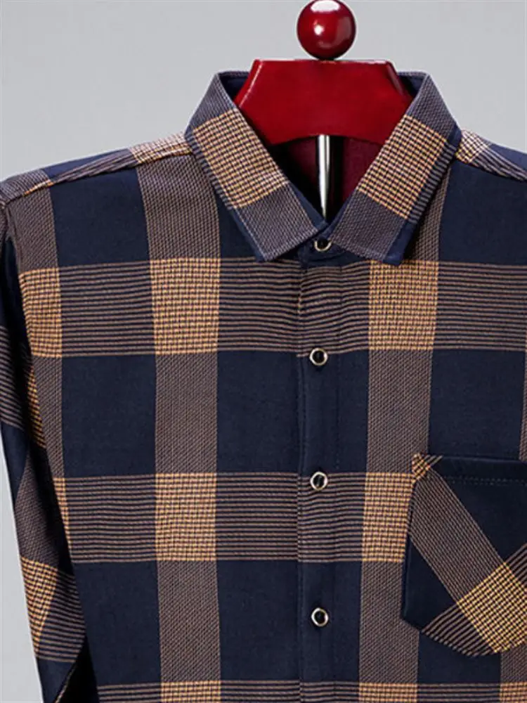Men's Long Sleeve Fleece Lined Shirt Autumn Winter Warm Plaid Print  Collar Thickened Clothing Special Wide Fit