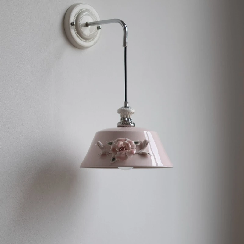 French girl heart bedside wall lamp cream wind pink ceramic living room bedroom corridor warm romantic retro lamps
