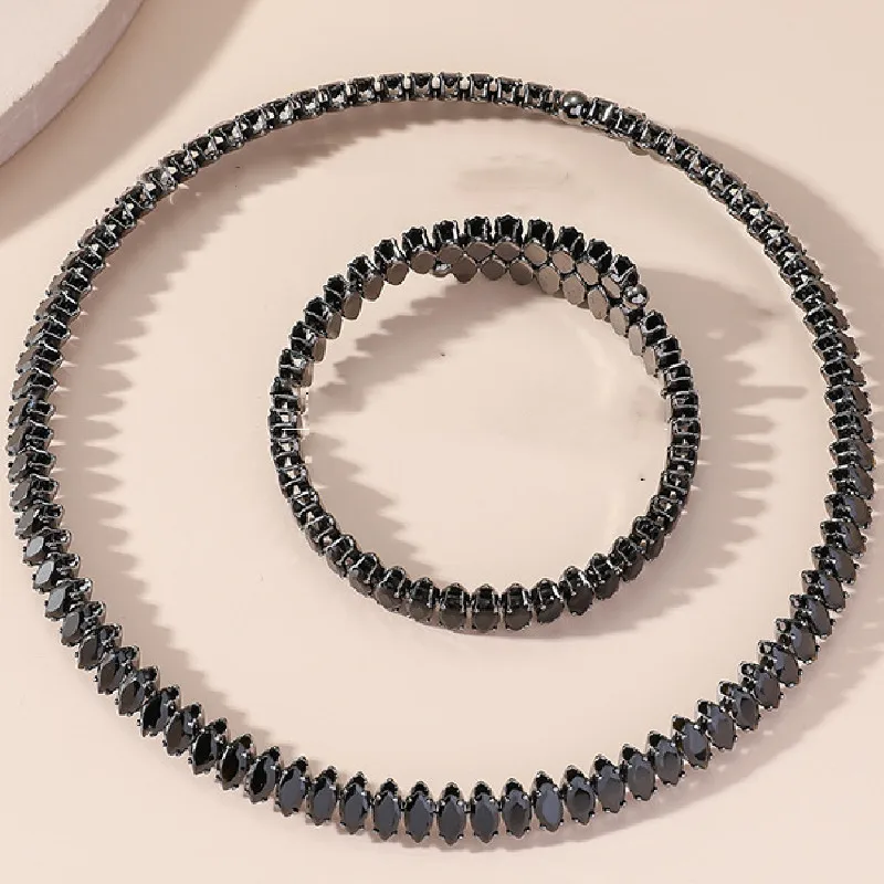 FYUAN Luxury Black Green Silver Color Choker Necklaces for Women Geometric Zircon Torques Bracelet Party Weddings Jewelry Sets