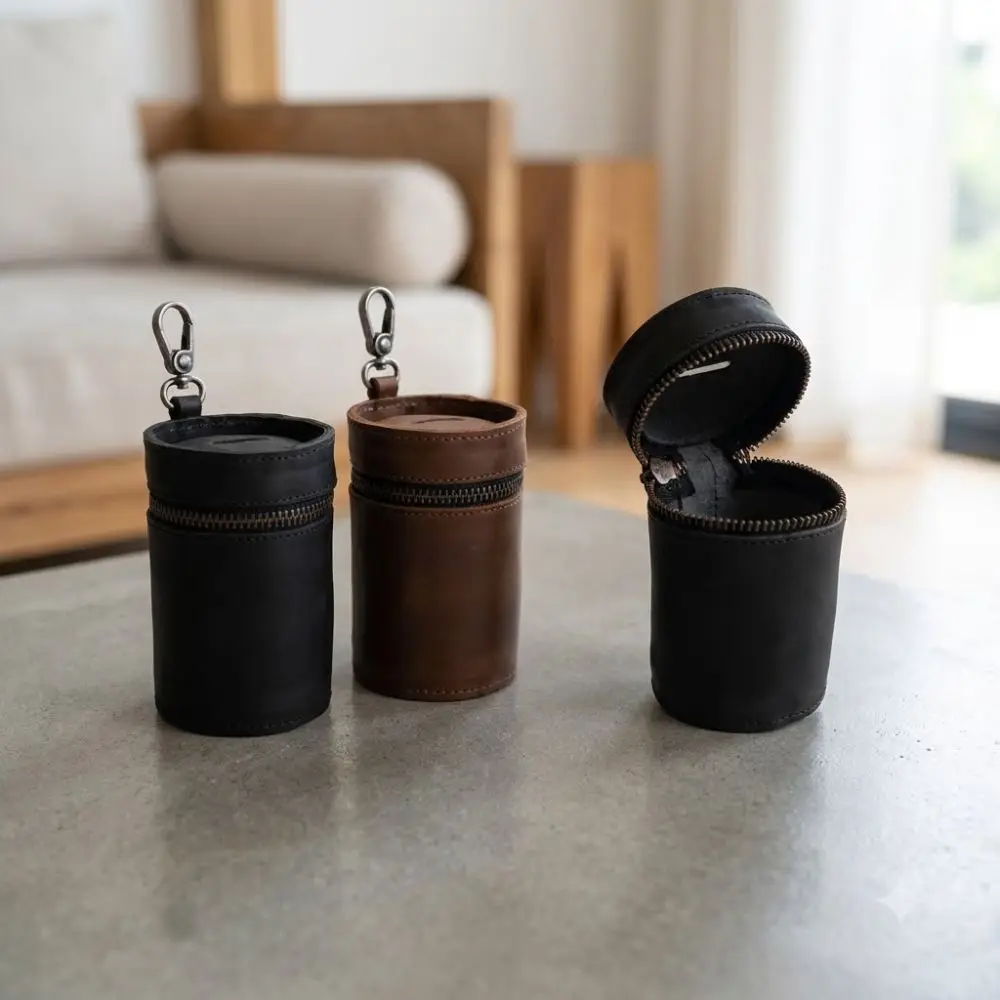 PU Leather Coin Storage Bank Cylindrical Round Zipper Car Interior Piggy Bank Handmade with Clip Trinkets Coin Purse
