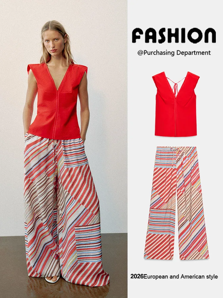 New Summer Women's Sleeveless Top Wide Leg Pants Zipper Closure Regular Length Fashionable Chinese Style Clothing