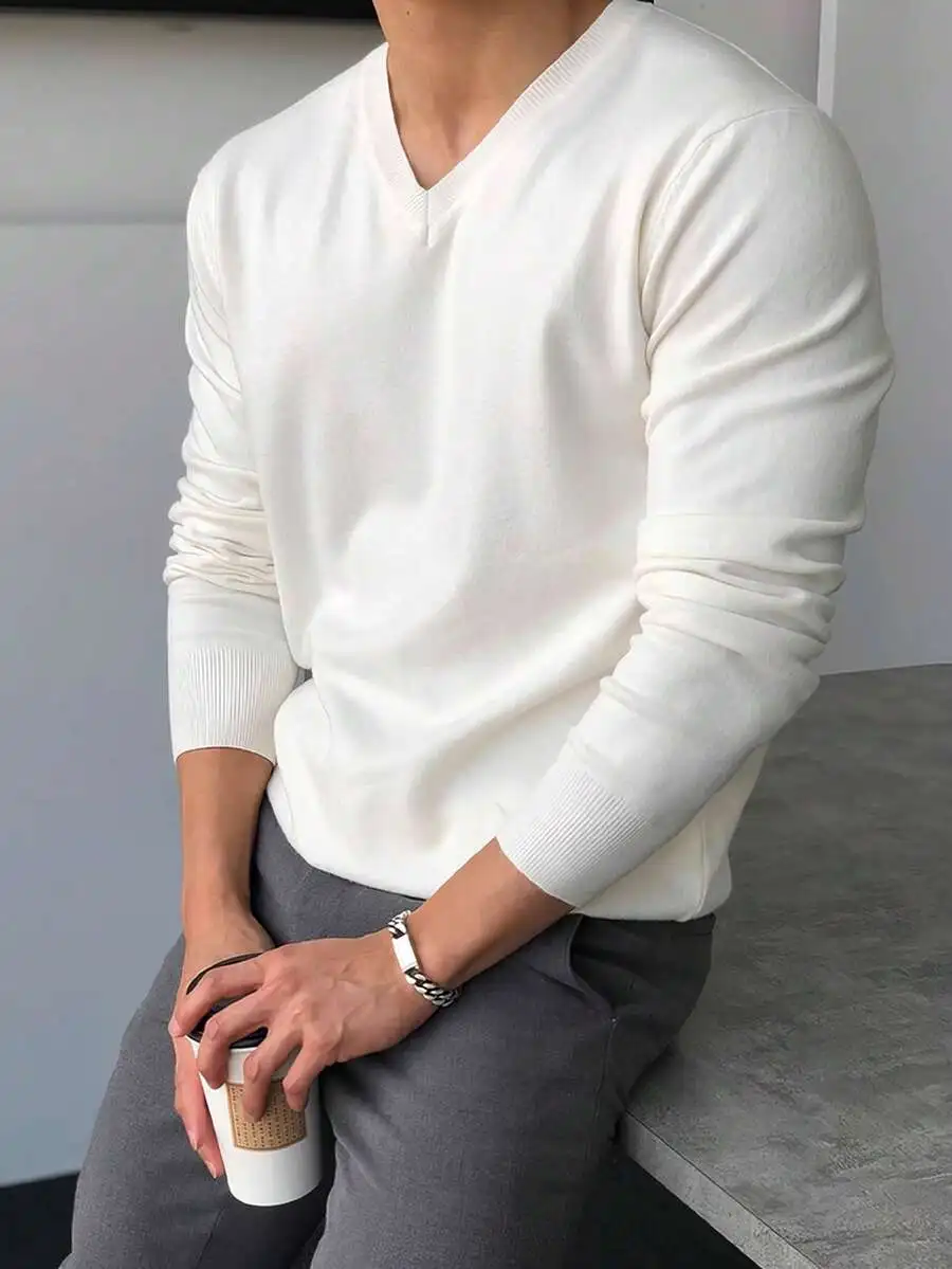 

Мужской однотонный вязаный свитер с V-образным вырезом и длинными рукавами, повседневная зимняя одежда