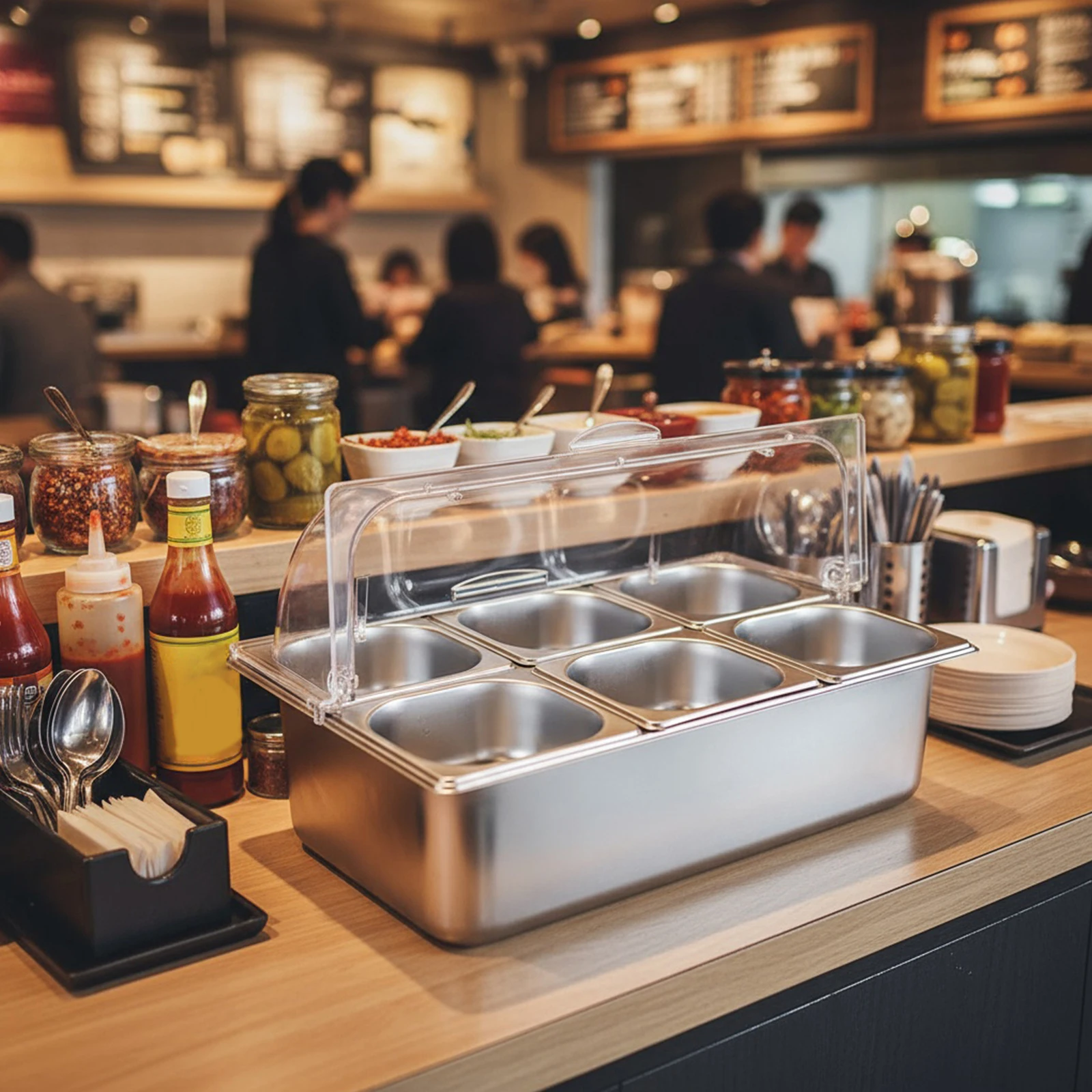 

Витрина для еды на 6 лотков с охлаждением и прозрачной откидной крышкой, контейнер для приправ и соусов для ресторанов, отелей, кухонь, вечеринок