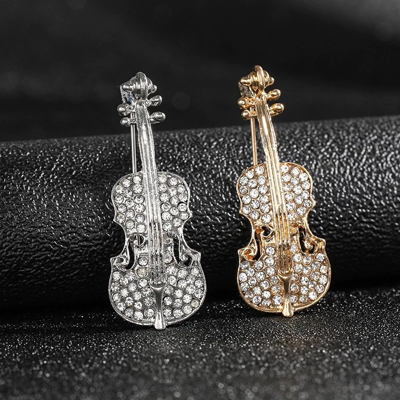 Creative Violin Shaped Brooches Faux Pearl Rhinestone Metal Butterfly Pins Overcoat Decor Jewelry Accessories Birthday Gifts - view 3