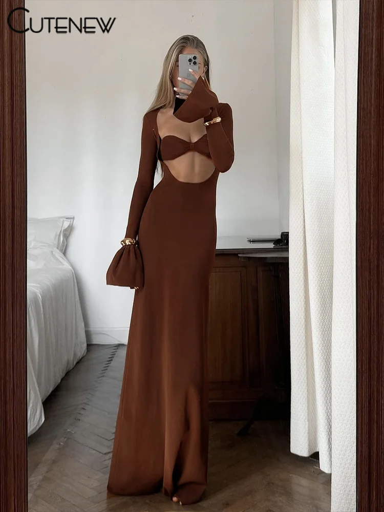 Cutenew Elegant Women Long Dress Sexy Hollow Out Cleavage Ruffle Full Sleeve Sheath Robe Female Evening Banquet Party Vestidos