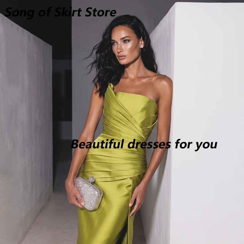 Customized Olive Green Strapless Satin Mermaid Mother Of Bride Dresses Tiered Ruched Bodice High Slit Wedding Formal Dress
