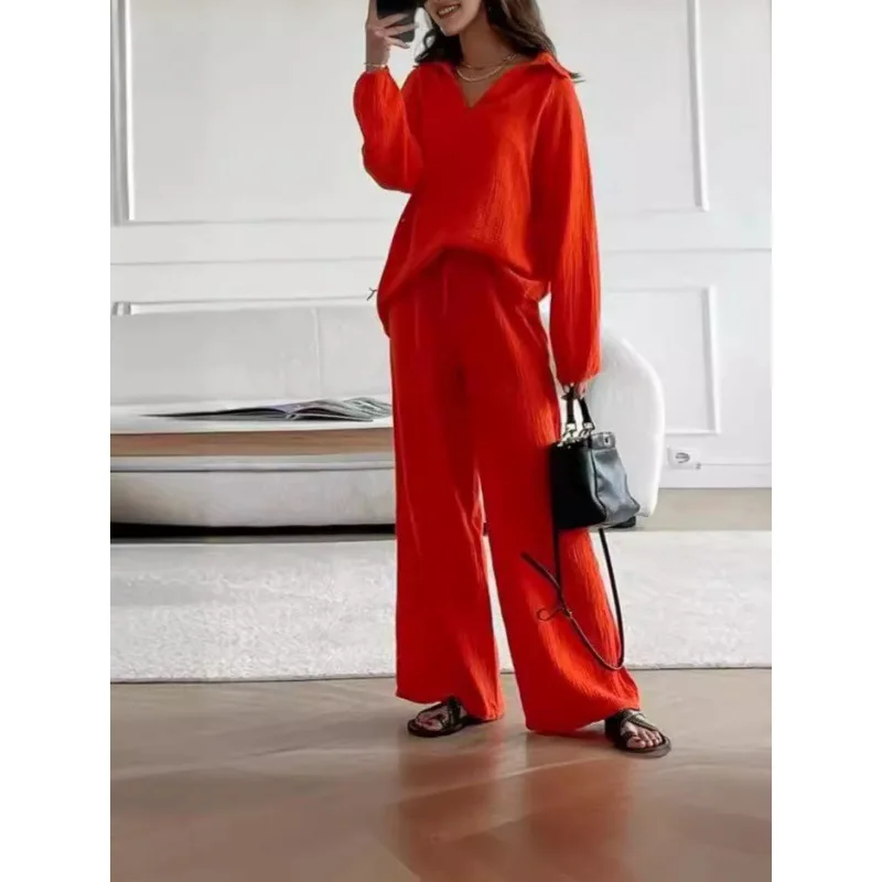 Elegant Women\'s Casual Loose Suit Long-sleeved Top Drawstring Trousers Set Autumn Lapel Two-piece Sets