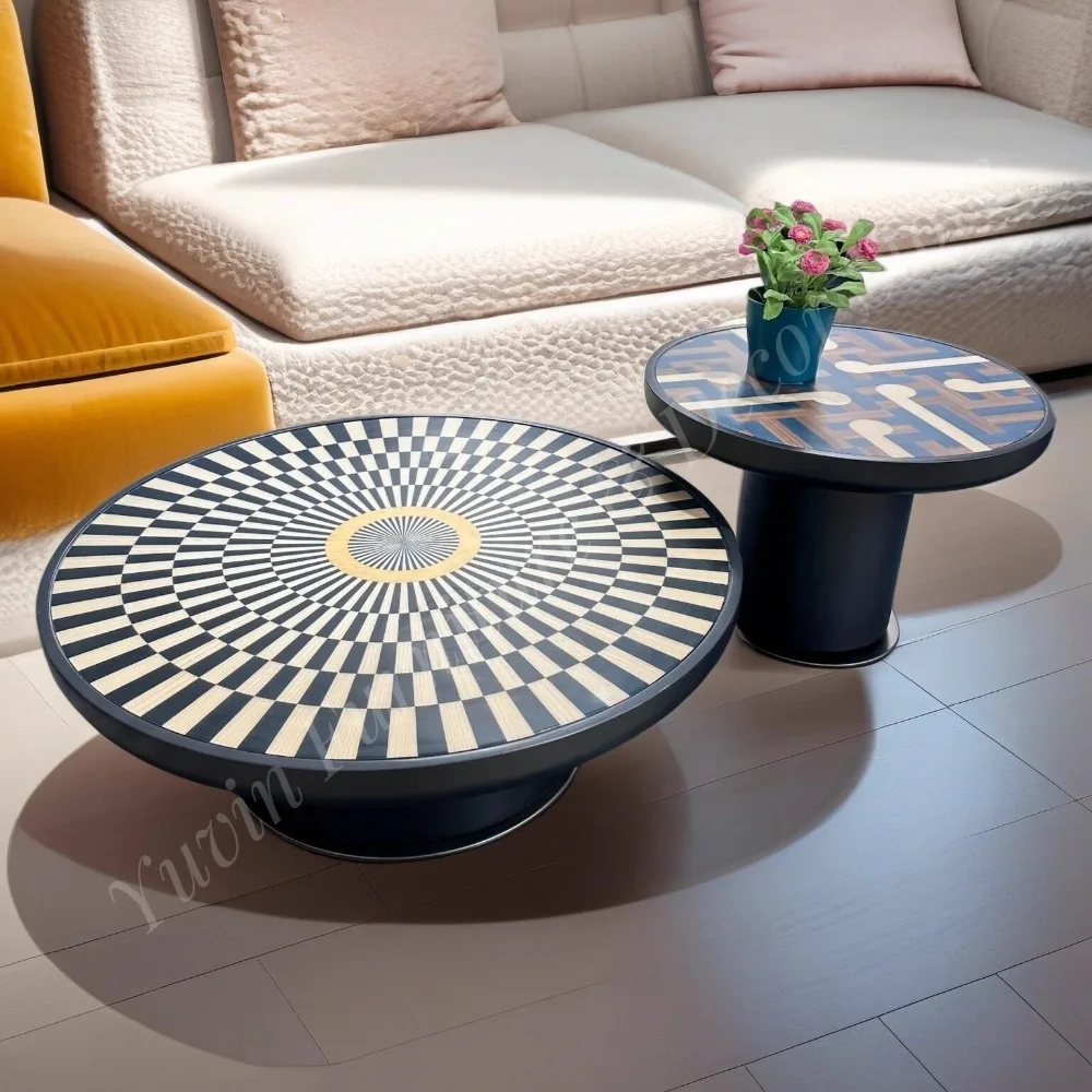 Italian Minimalist Designer Creative Solid Wood Circle Painted Graffiti Pattern High-End Living Room Coffee Table