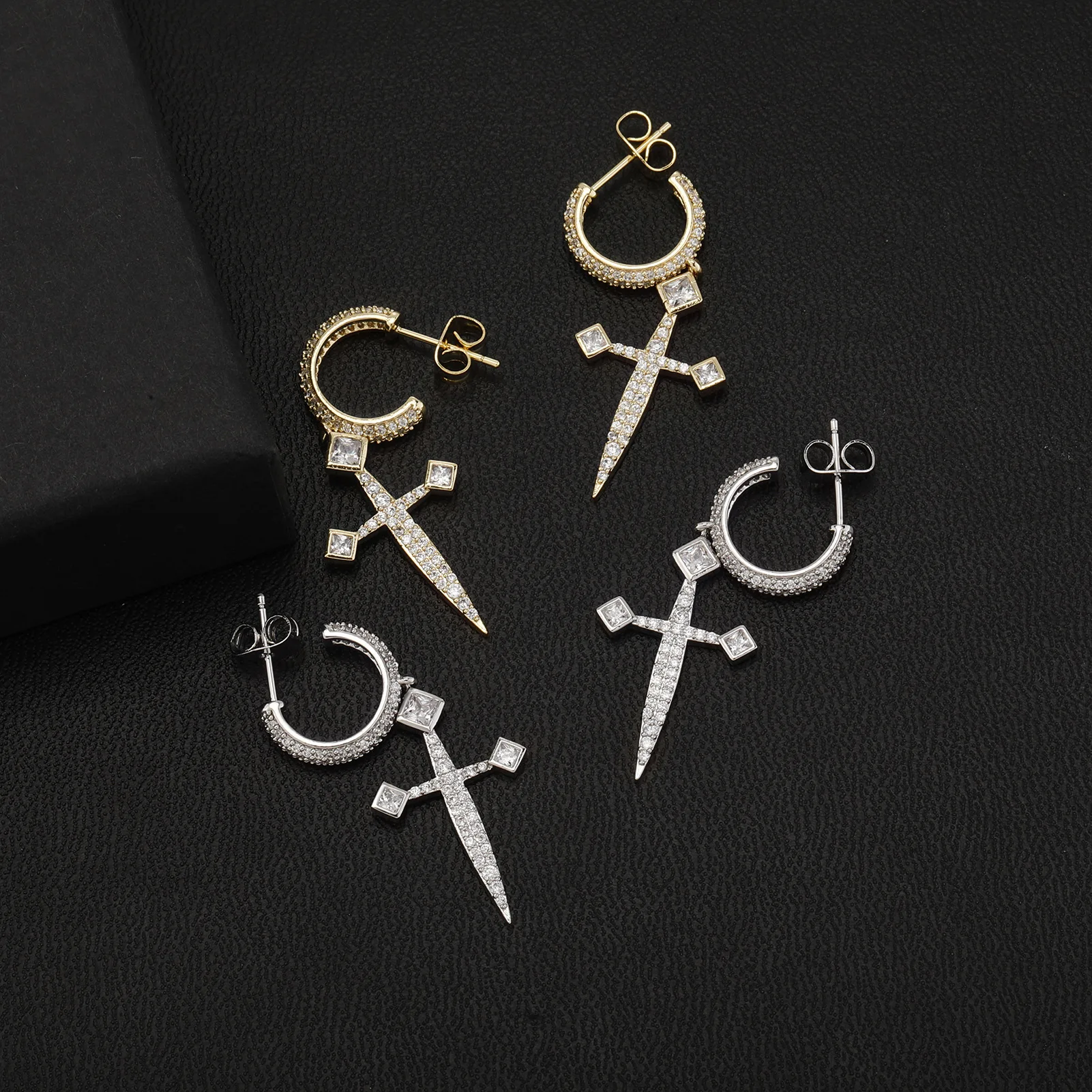 Sword Cross Shape Mirco Pave Bling Iced Out Cubic Zircon Prong Setting Brass Earrings Fashion Hip Hop Jewelry BE052