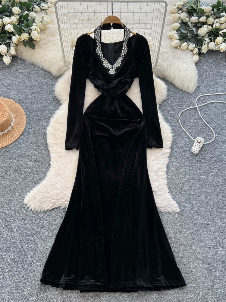 فستان مخملي أنيق بأكمام طويلة للنساء، فستان خريفي وشتوي نحيف بذيل السمكة، مزين بشكل كثيف، خصر مرتفع، أسلوب كوري للعمل