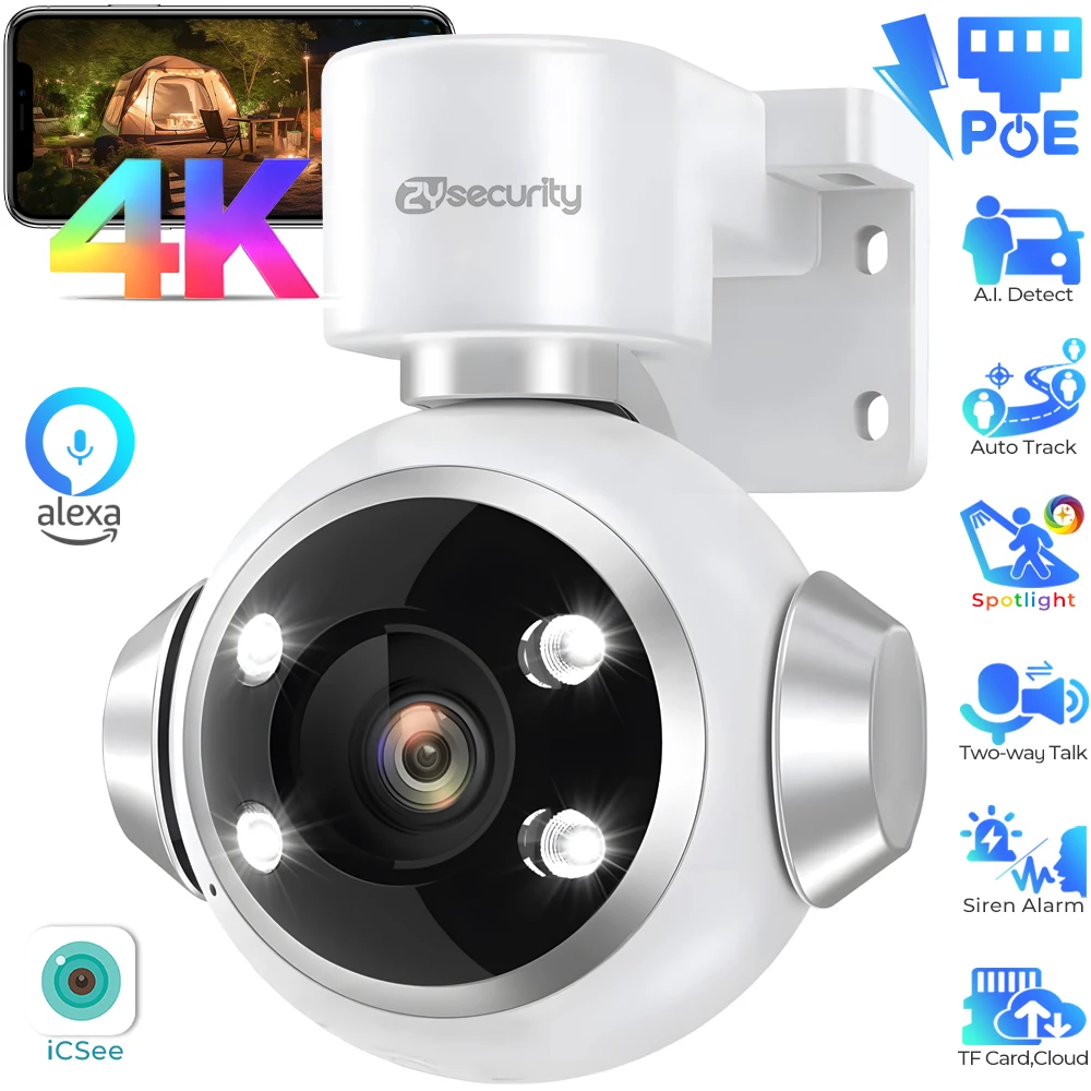 4K 8MP PoE PTZ Security Camera Pan-tilt Auto Tracking IP Camera Smart AI Detection Color Night Two-Way Audio Surveillance Camera
