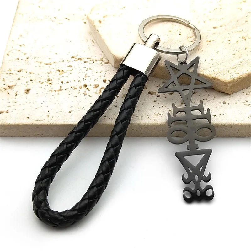 Witchcraft Sigil Church Of Satan Pentagram Keychain For Women Men Stainless Steel Black Color Cross Key Ring Bag Jewelry ﻿