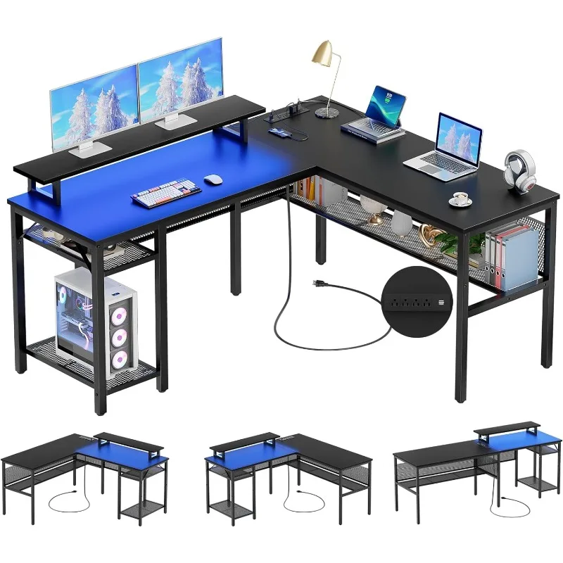 L Shaped Desk, Reversible Corner Computer Desk with Magic Power Outlets and Smart LED Light, Unique Grid Design