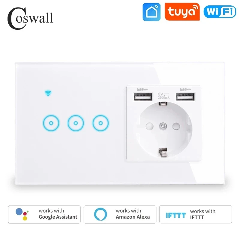 COSWALL EU Socket +2 USB Charging Port , Wifi Touch Wall Light Switch Work With Alexa Google Home IFTTT Tuya Smart Life EWelink