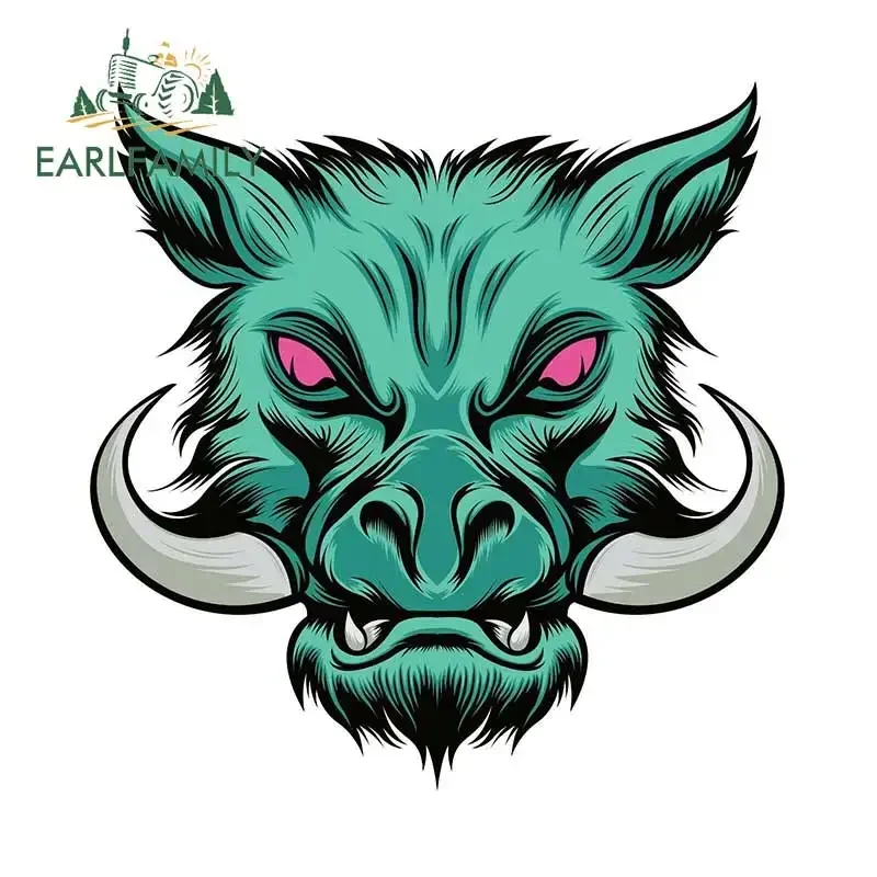 EARLFAMILY 13cm x 12.7cm Wild Boar Face Funny Car Stickers Green Furry with Pointed Teeth Car Gadget Decal Fashion Trunk Decor