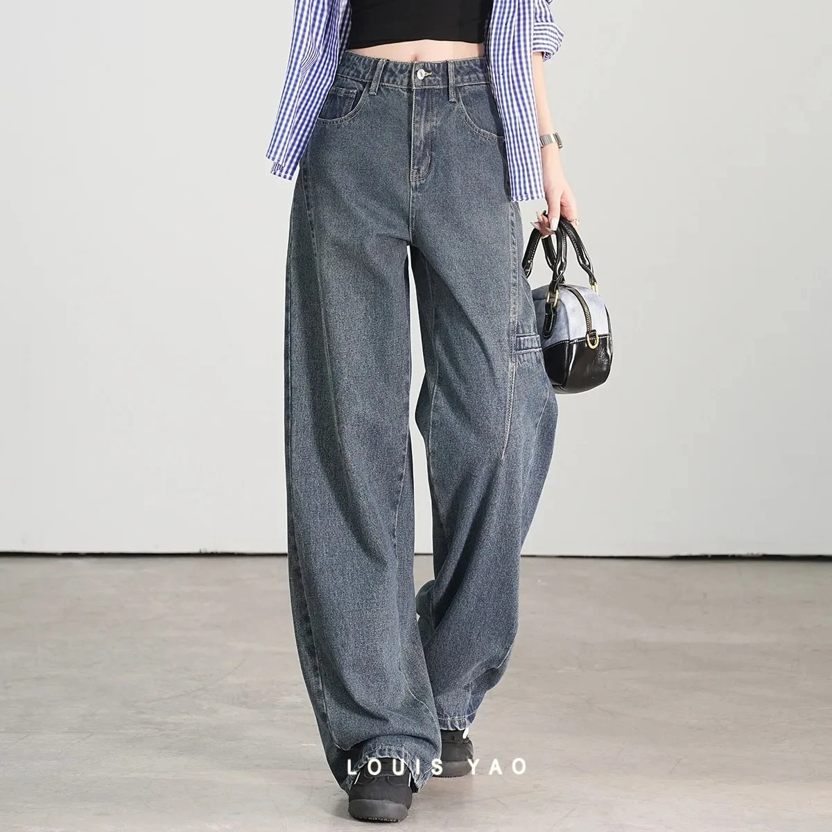 

LOUIS YAO High Waisted Women's Jeans 2026 Spring Retro Loose Casual Streetwear Bottoms Split Line Denim Pants for Women