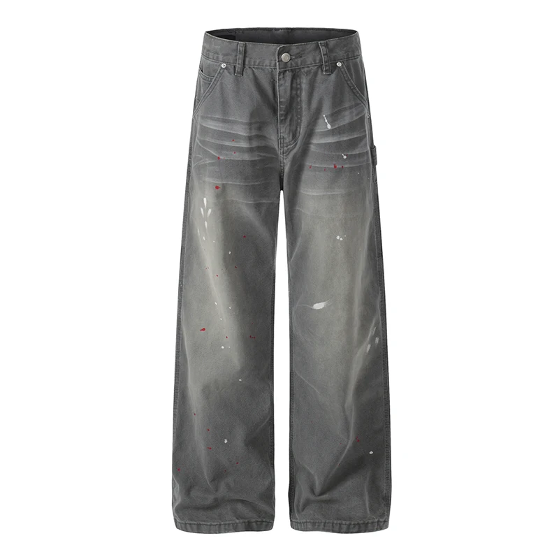 Refined Men's Baggy Denim Pants Casual Minimalist Paint Splatter Vintage Wash Gray Wide Leg High Street Jeans New