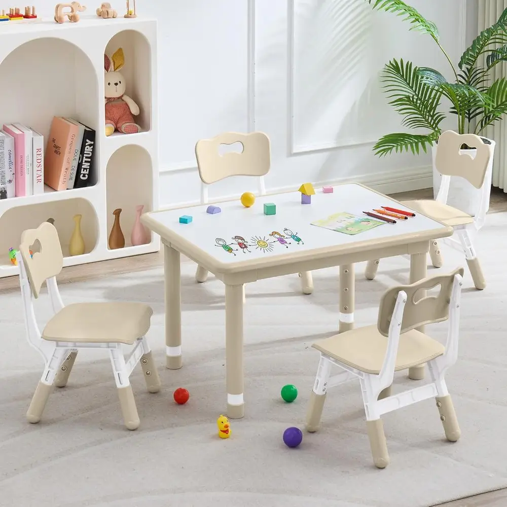 Kids Table and 4 Chairs Set, Height Adjustable (17.7"-26.1") Toddler Table and Chair Set, Multi-Activity Table with Graiti Deskt