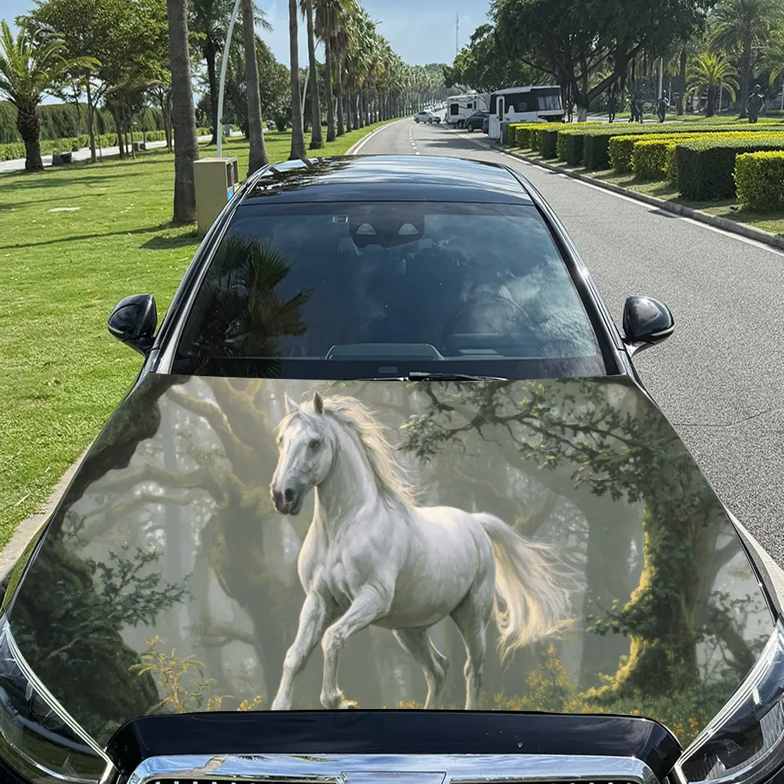 

Очаровательная белая лошадь в лесу, виниловые наклейки на капот двигателя автомобиля из ПВХ, самоклеящаяся водонепроницаемая наклейка на капот автомобиля, украшение автомобиля