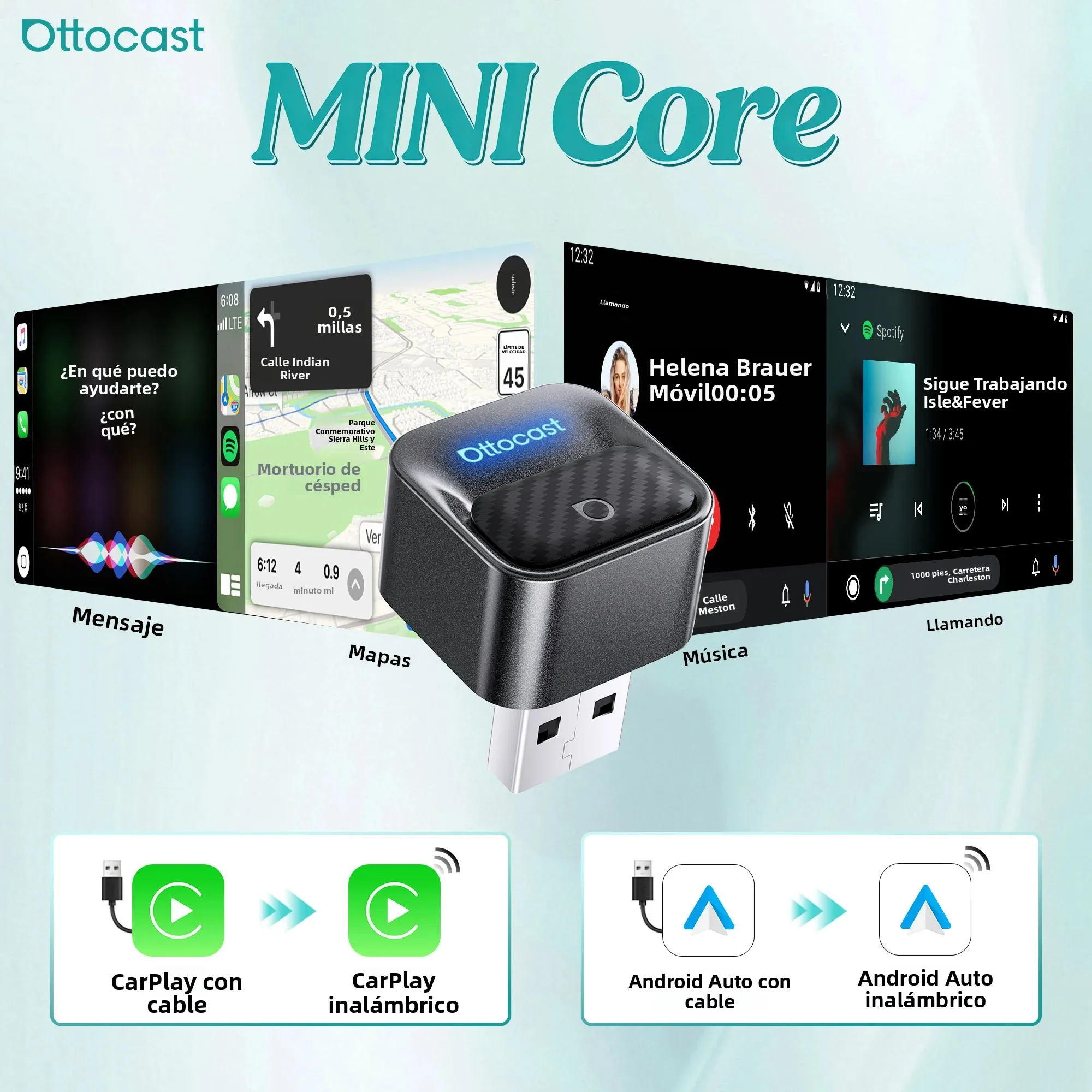 Adaptador Inalámbrico Ottocast 2026 Mini Core para CarPlay y Android Auto, 2 en 1, Dongle 3.0 en Forma de Cubo, Accesorios para Auto, Compatible con Kia, Benz, VW, Toyota, MG