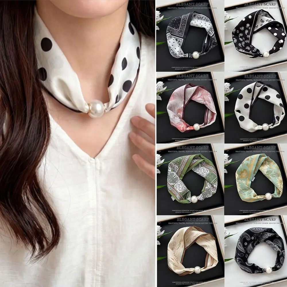 Fashion Magnetic Clasp Pearl Silk Scarf Thin Cashew Flower Neck Scarf Soft Lightweight Neckerchief for Women